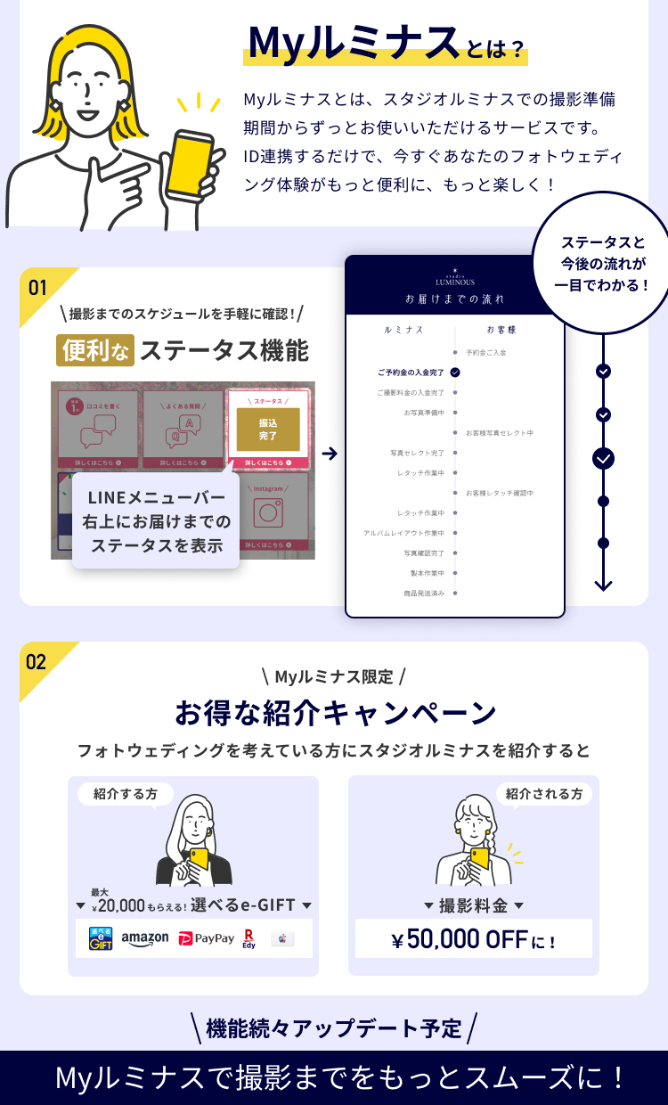 Myルミナスとは、スタジオルミナスでの撮影準備期間からずっとお使いいただけるサービスです。ID連携するだけで、今すぐあなたのフォトウェディング体験がもっと便利に、もっと楽しく！